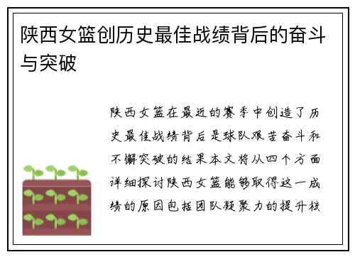 陕西女篮创历史最佳战绩背后的奋斗与突破